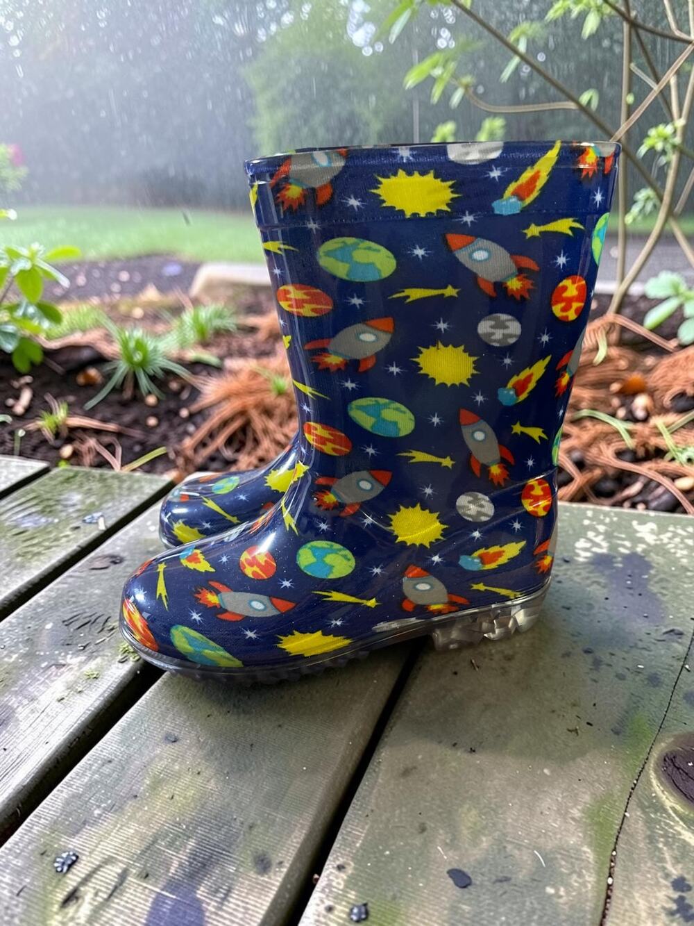 Squiggles NEW Kids Space Rubber Rain boots Size 9-10 Pull on Astro Blue Planets